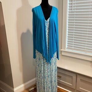 Blue Patterned Maxi Dress with Cardigan